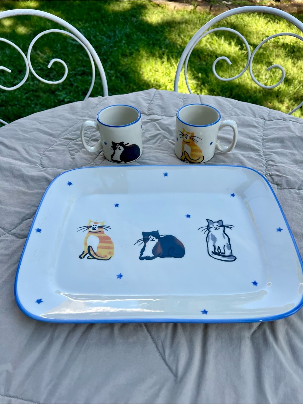 Hartstone Carlisle Kitty Kitty Cat Tray Mugs Set Orange Grey Tabby Stoneware Vtg